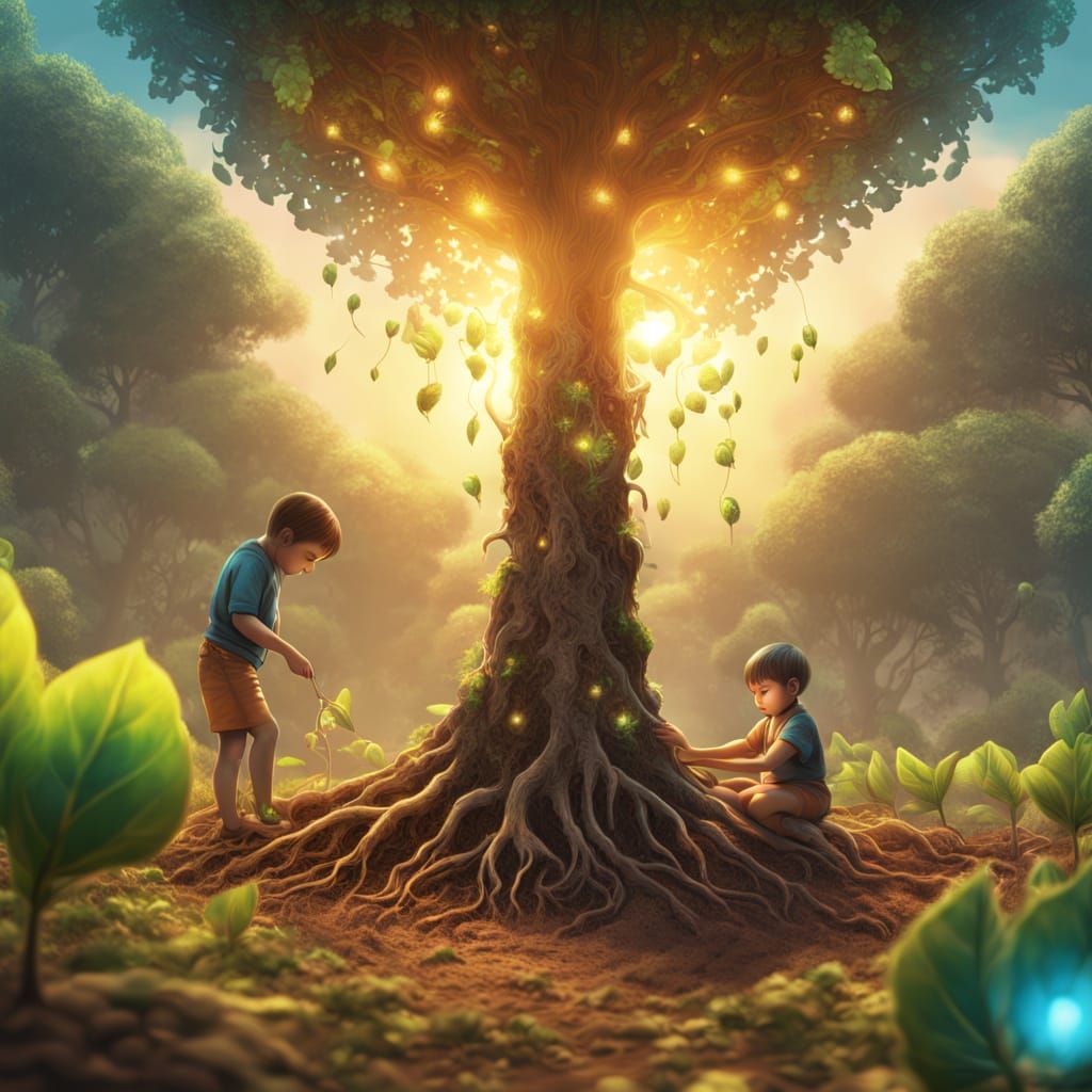 Child Plants Glowing Seed: Fantasy Digital Art