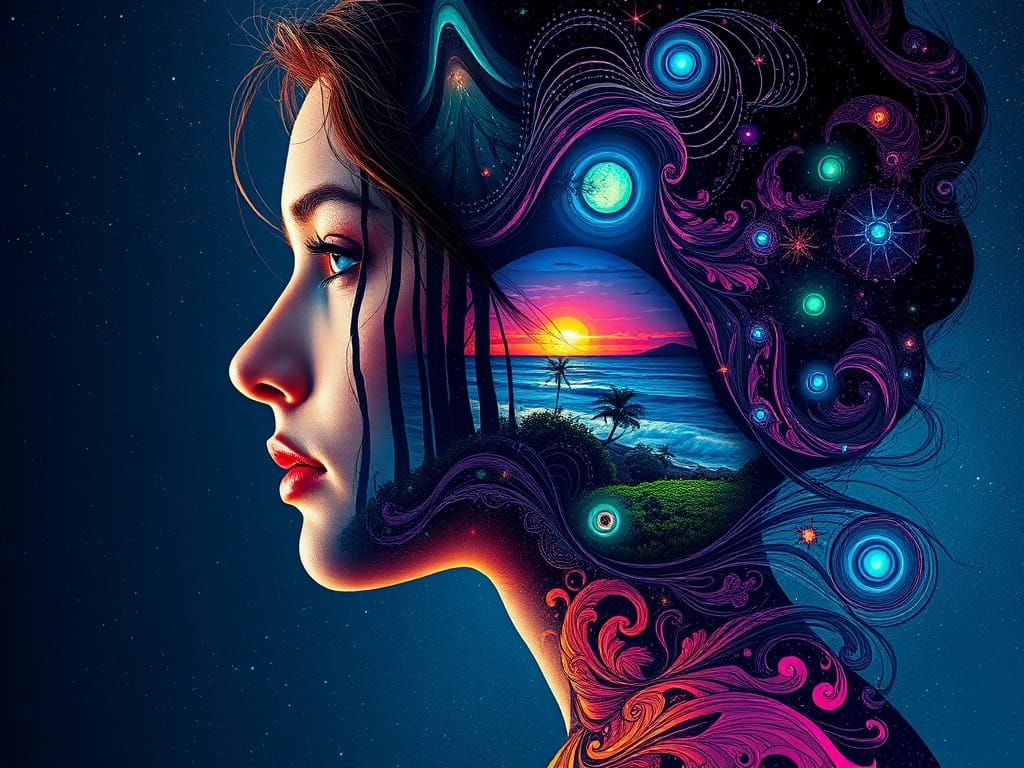 Surreal Female Portrait in Whimsical Abstract Vector Fractal...