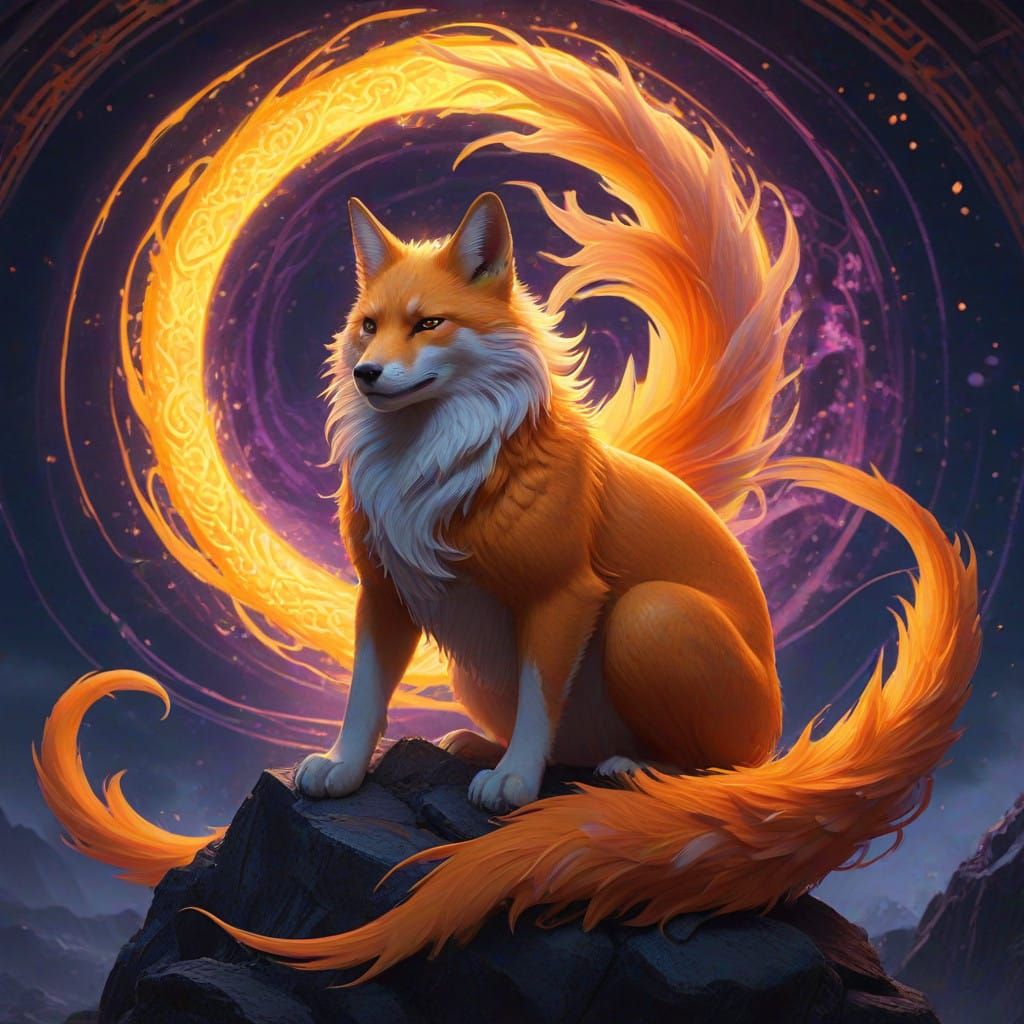 Mystical Kitsune Phoenix Amidst Elemental Vortex