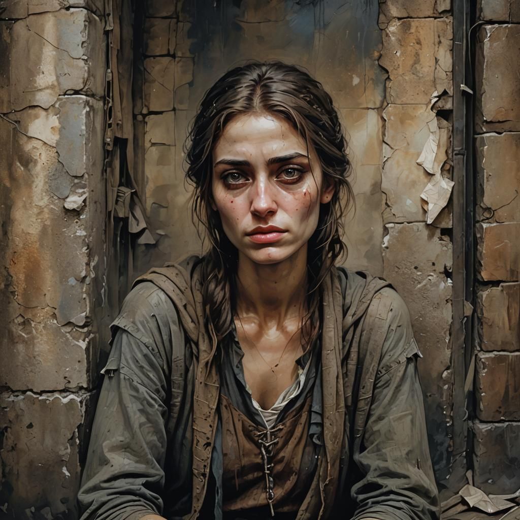 Sad Medieval Woman Crying in Alley: Abstract Art