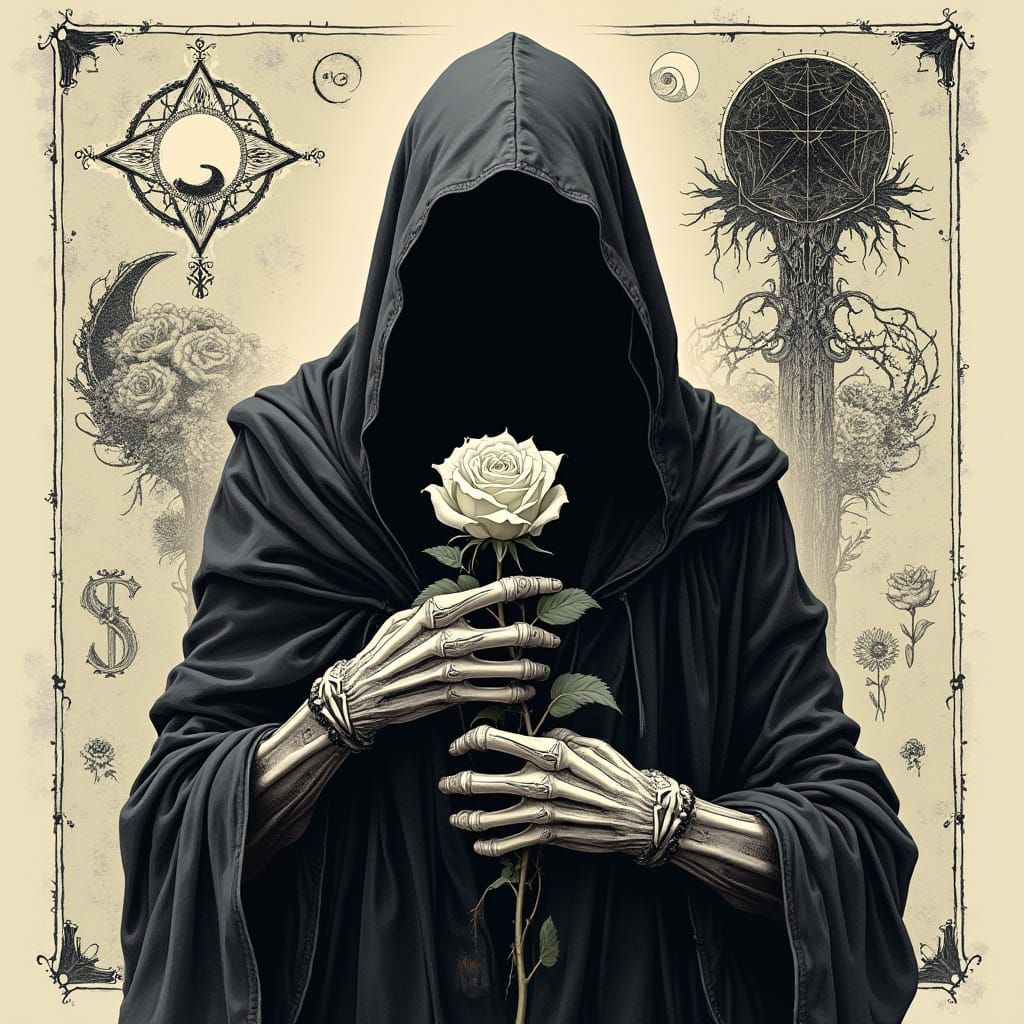 Grim Reaper in Ink, Holding a Rose amidst Tarot Symbols