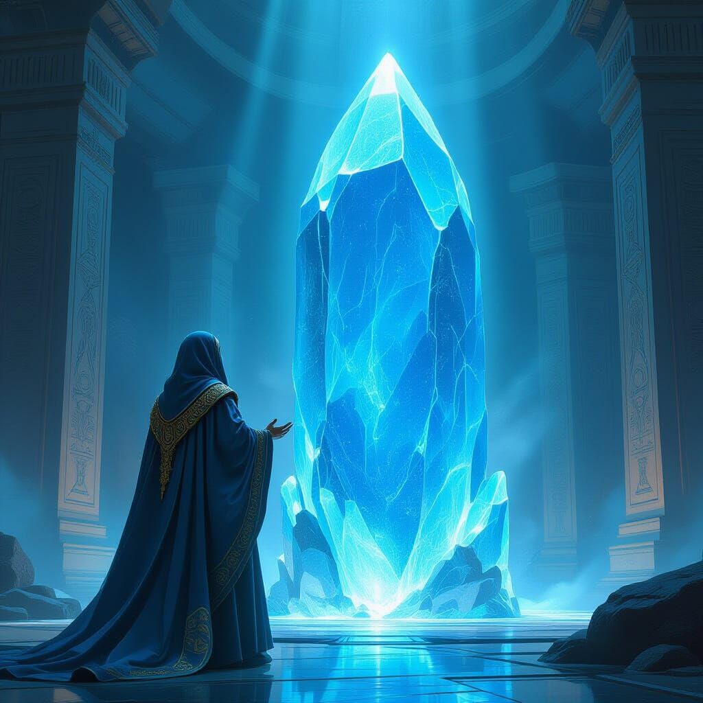 Atlantean Priest Gazing at Colossal Blue Crystal