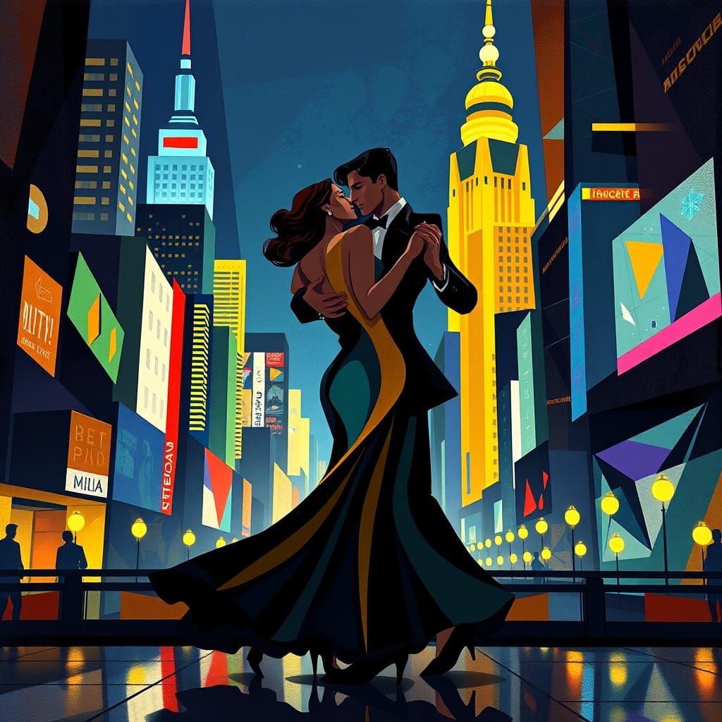 Couple Dancing in Cubist Art Deco Style
