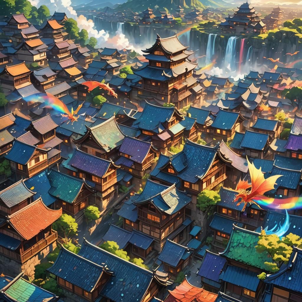 Anime Dragons Fly Over Japanese Village