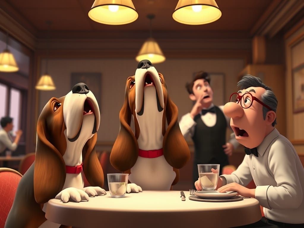 Bassett Hounds Howling in Restaurant CGI Cartoon