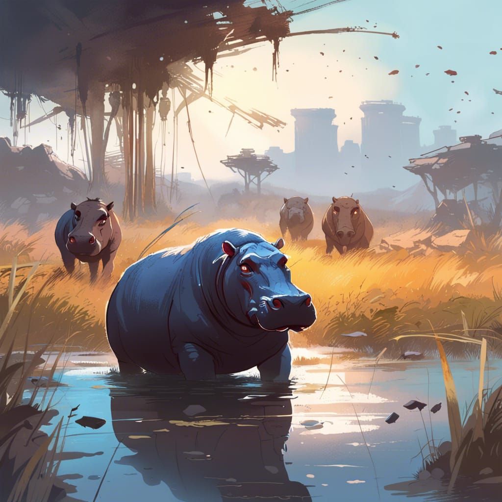 Anime Hippo in Savannah Illustration