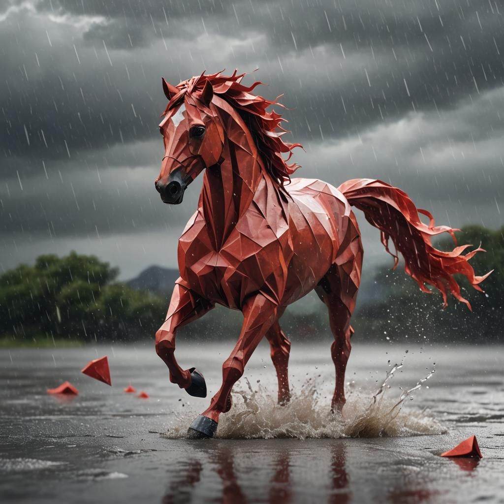 Majestic Red Horse Running in Storm: Origami Style