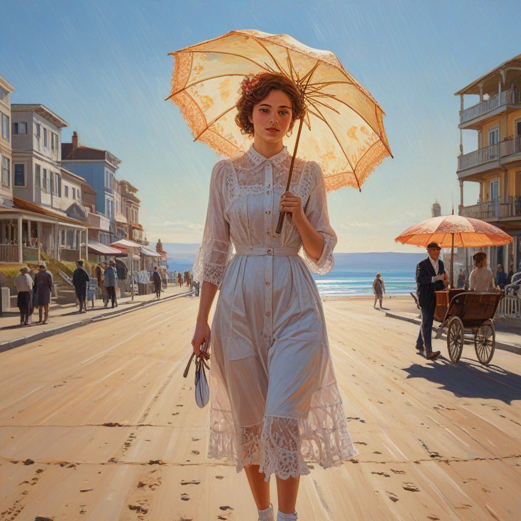Portrait of a young Edwardian woman holding a LACY SUN UMBRELLA as she walks down the street. Beach in background. The s...