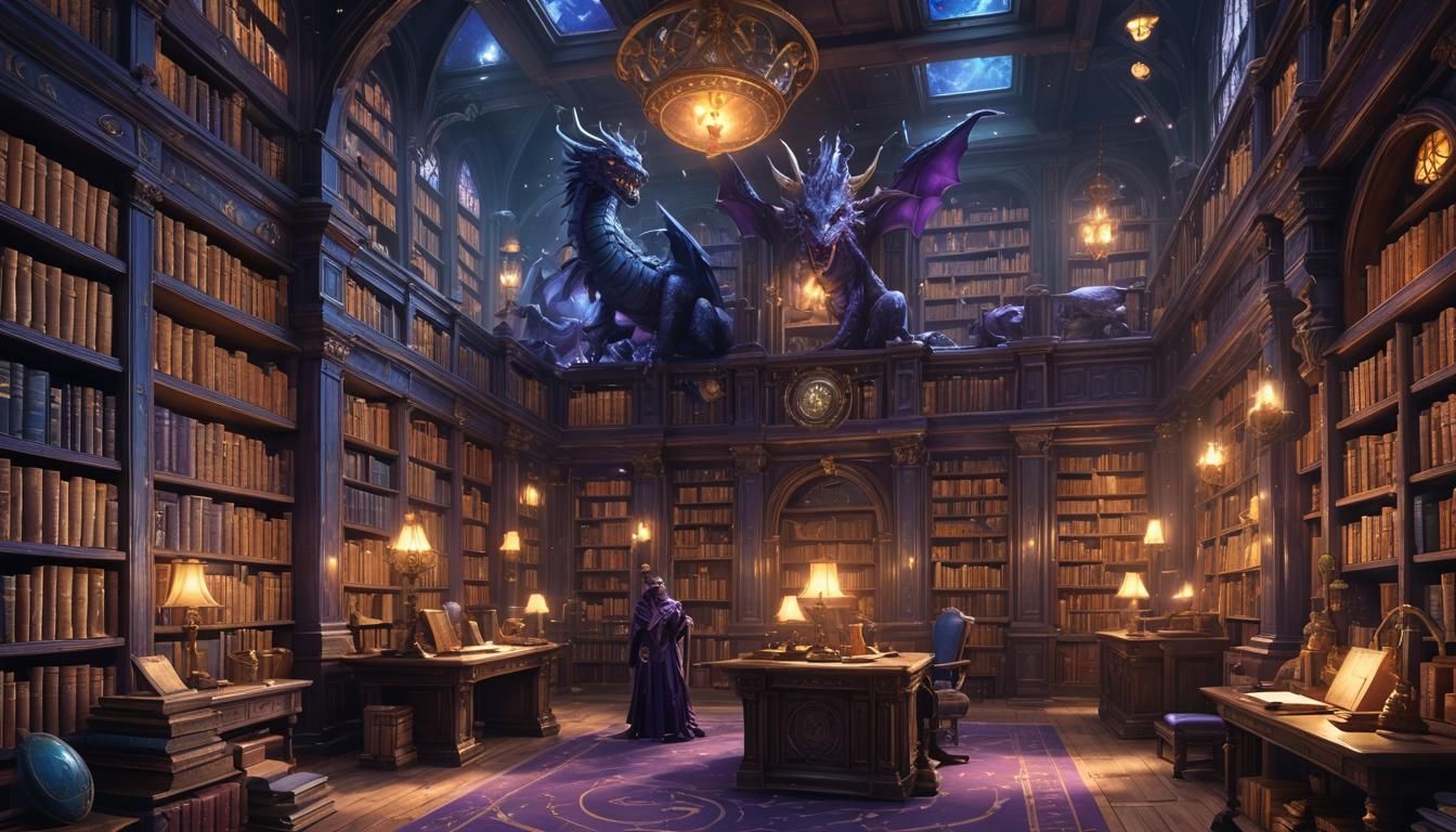 Fantasy Library with Dragon, Dark Concept Art