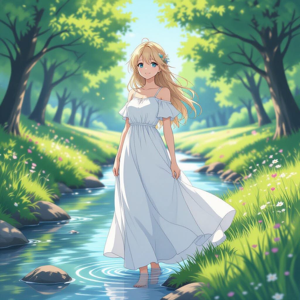 Anime Girl by Creek in Serene Landscape