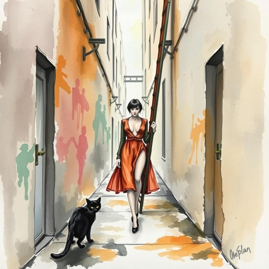 Fashionable Urbanite in Grimy Alley, Abstract Watercolor