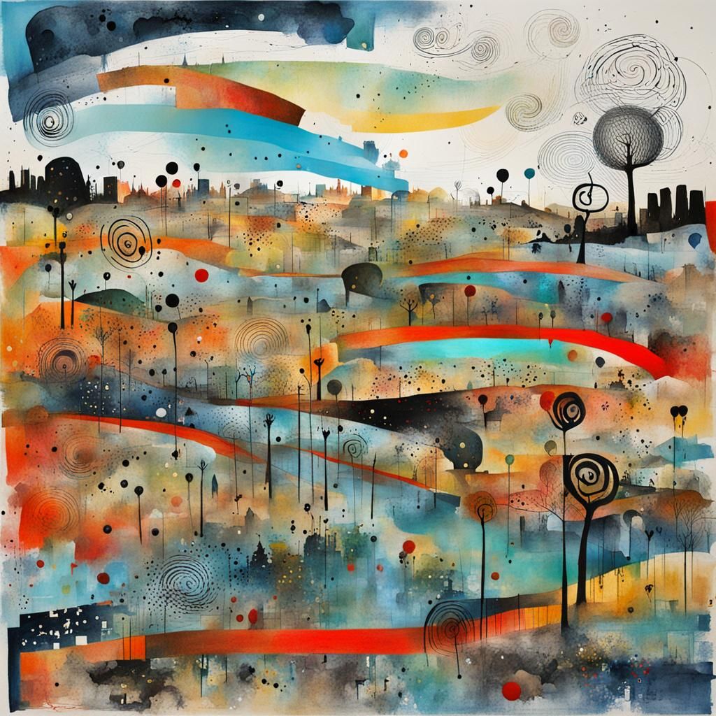 Whimsical Symbolic Landscape with Asemic Typography