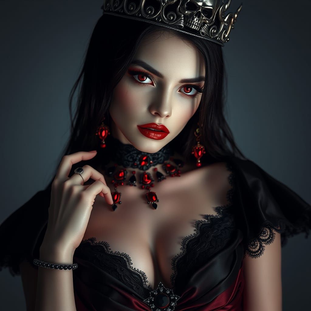 Beautiful Witch with Crimson Eyes and Skull Crown