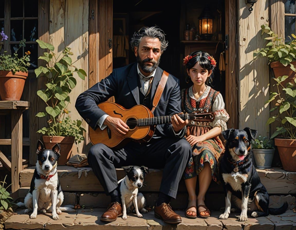 Gothic Couple Playing Fiddle on Cottage Stairs