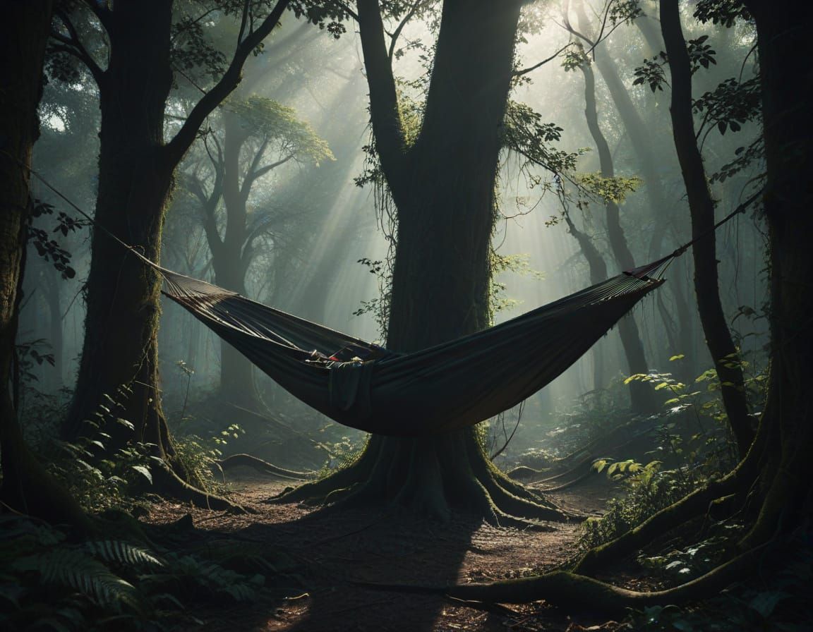Ominous Hammock in Dark Forest: Digital Art