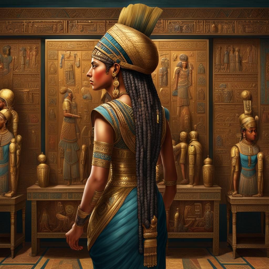 Egyptian Woman in Ornate Room, Hyperrealistic Art