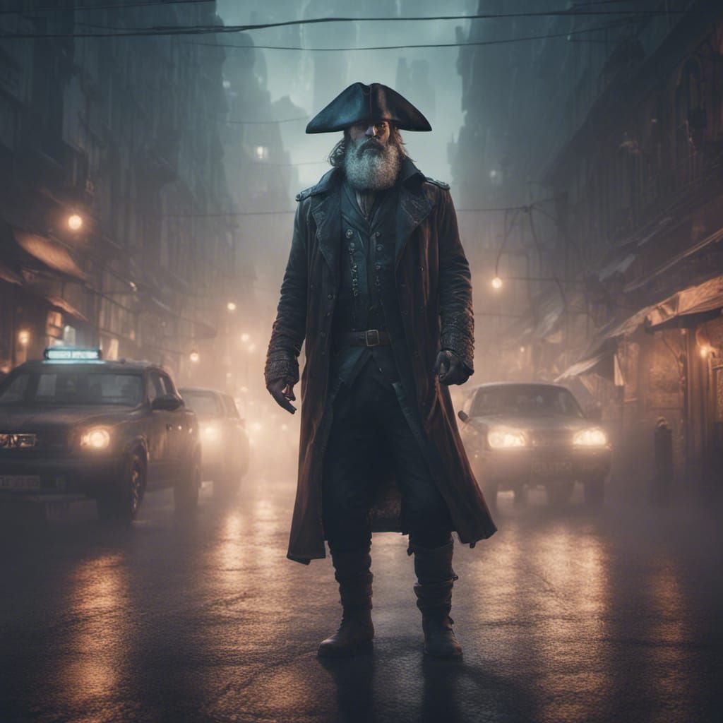 Bearded Man in Tricorn Amidst Foggy Cityscape