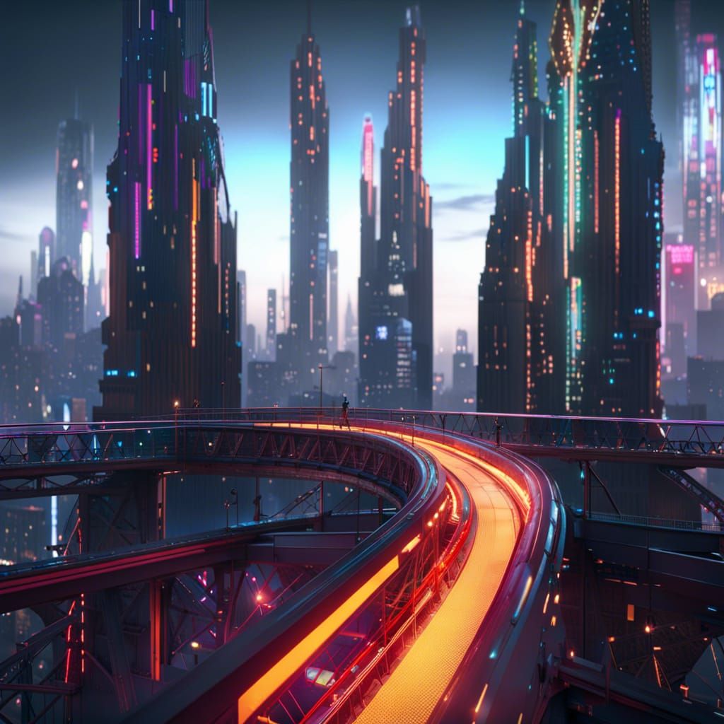 Cyberpunk Bridge Over City in 8K