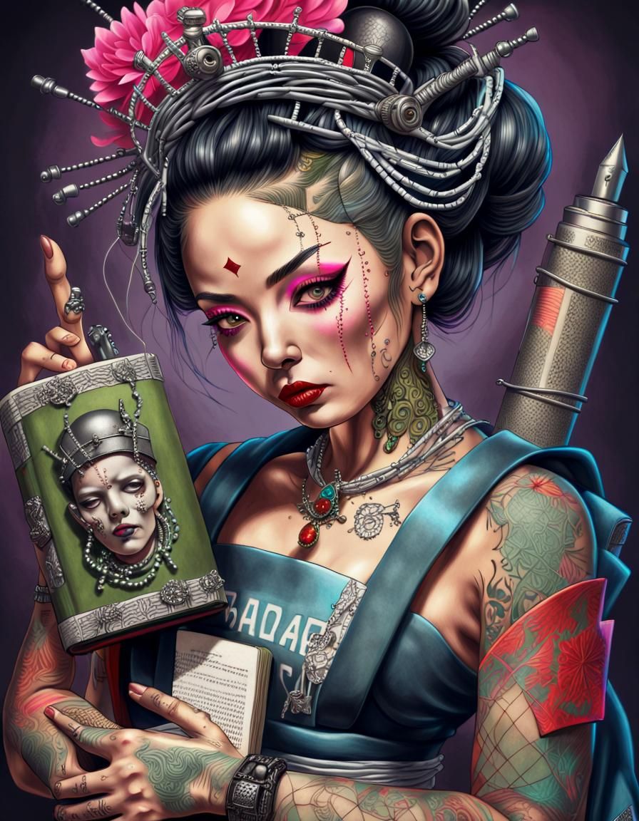 Latina Geisha Portrait with Tattoos in Hyperrealism