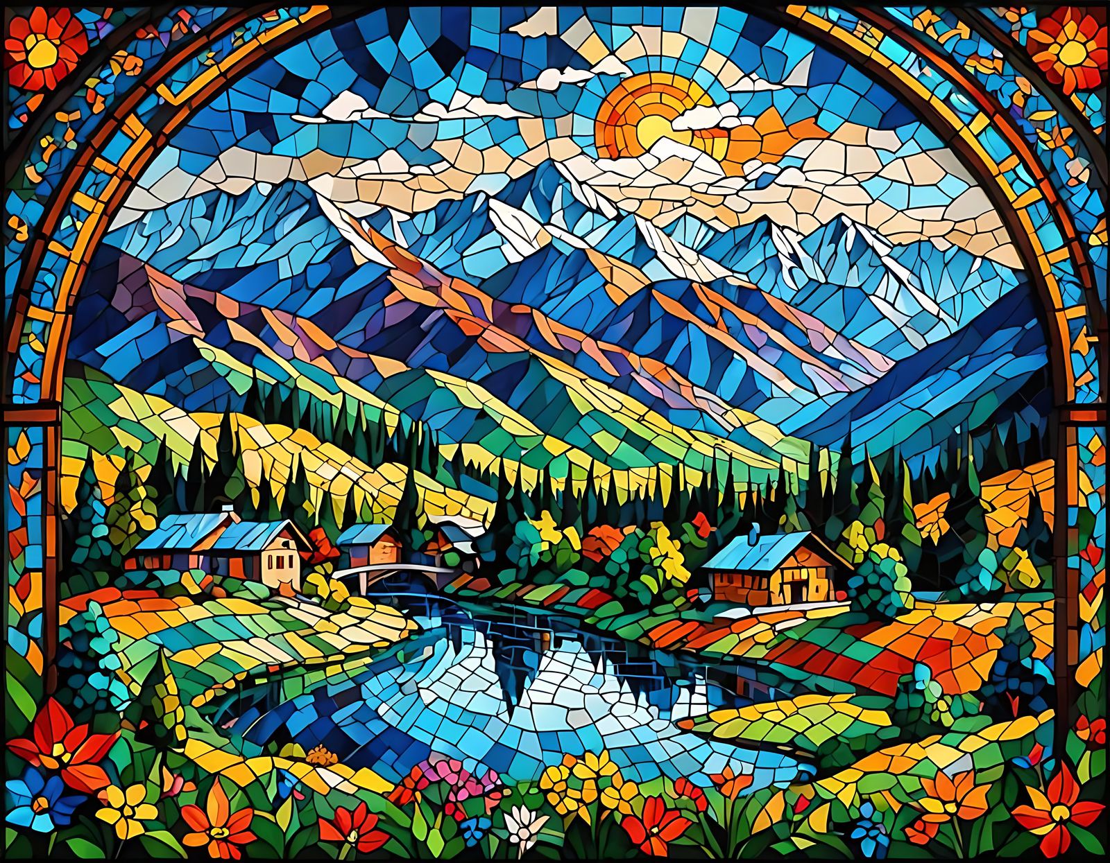 Kashmir Valley in Stained-Glass Mosaic Style