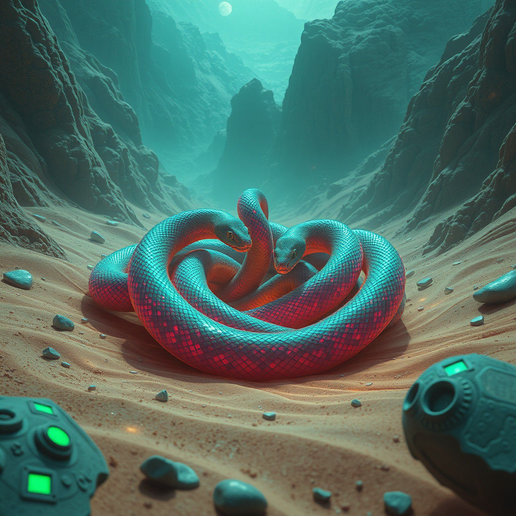 Iridescent Snakes Vortex in Mystical Desert Landscape