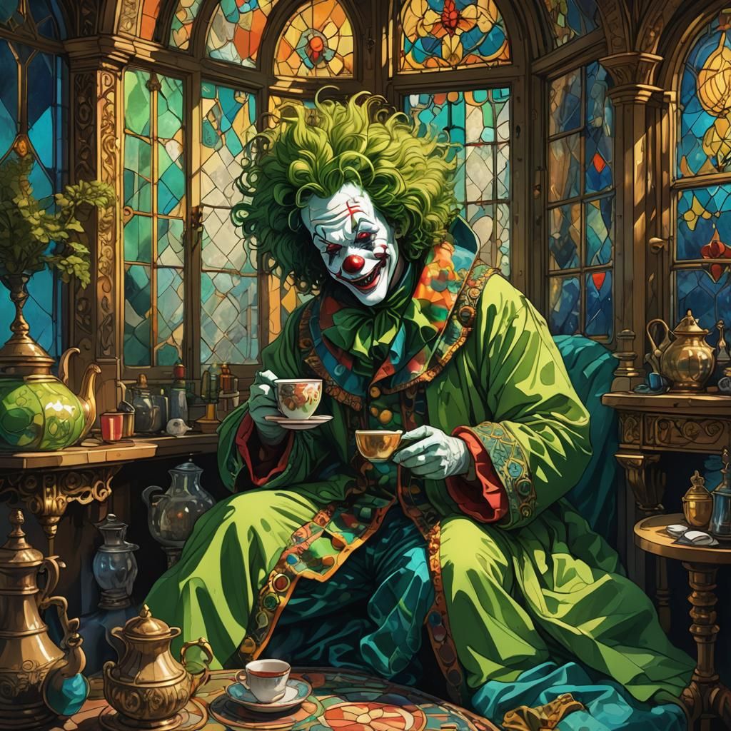 Clown Sipping Tea in Victorian Room: Digital Art