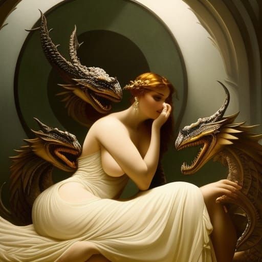 Women Kissing Surrounded by Dragons in Roberto Ferri Style