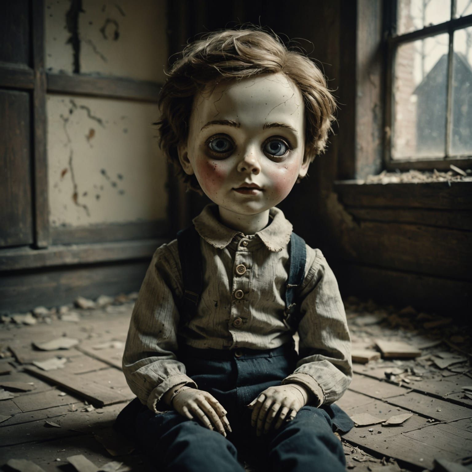 Creepy Doll in Dusty Attic, Children's Art Style