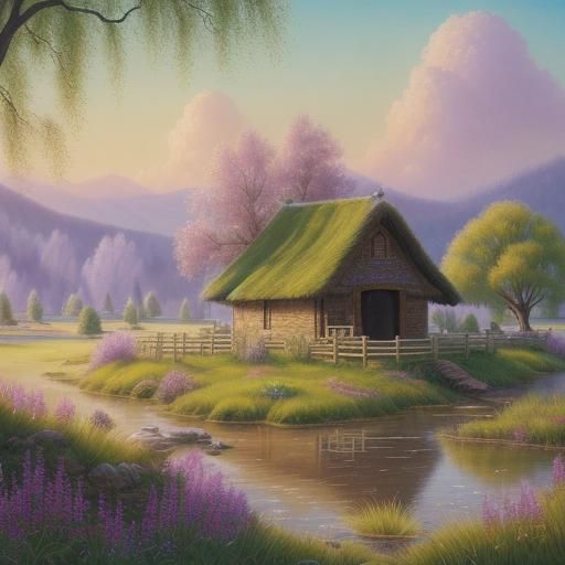 Idyllic Landscape with Stone Hut as Gouache Painting