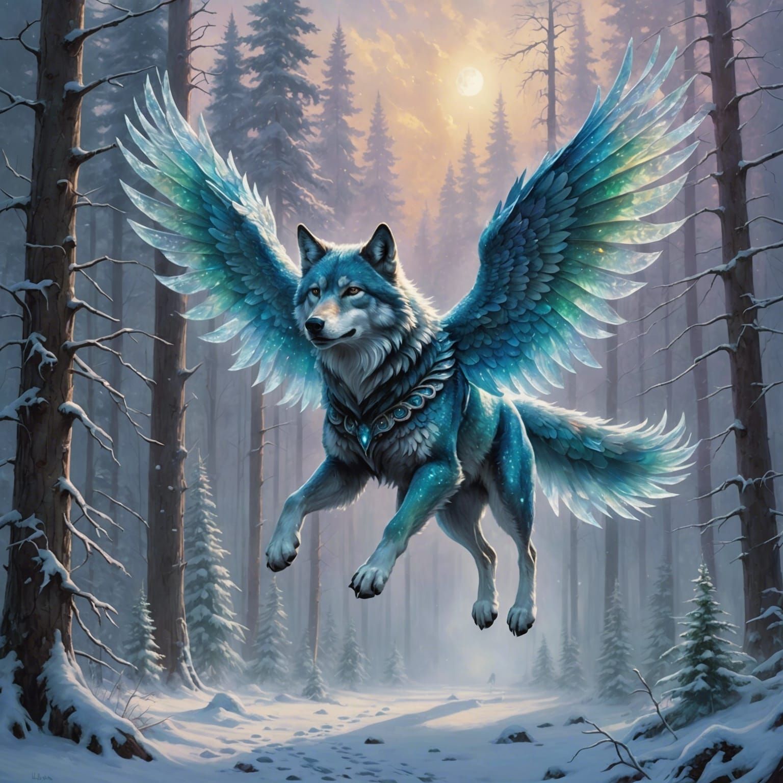 Iridescent Winged Wolf Flies Over Frozen Forest