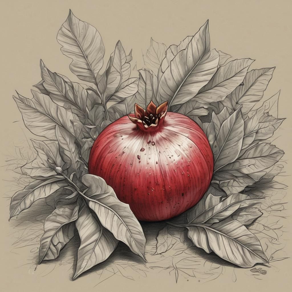 Open Pomegranate on Bed of Leaves, Digital Sketch