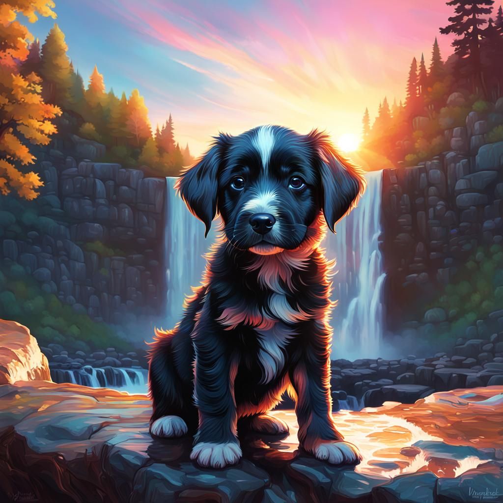 Puppy Double Exposure with Sunset Waterfall