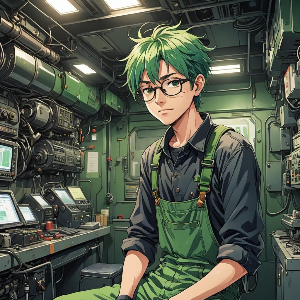 Anime Teenager in Engine Room, Cel-Shaded Style