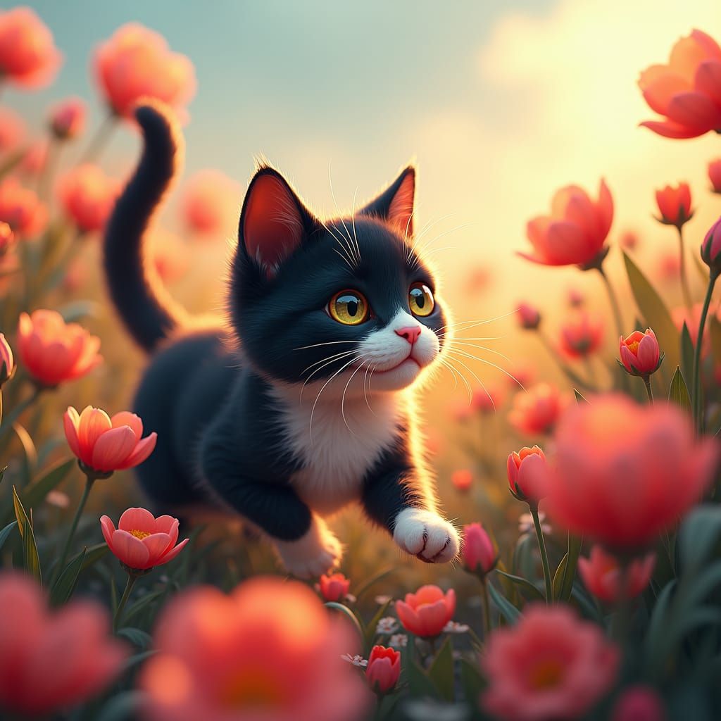Black and White Cat in Dreamlike Flower Field