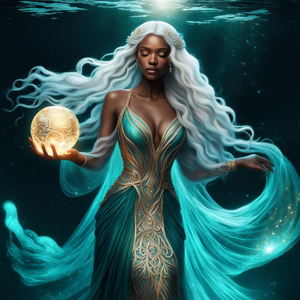 Water Goddess with Iridescent Hair and Golden Halo