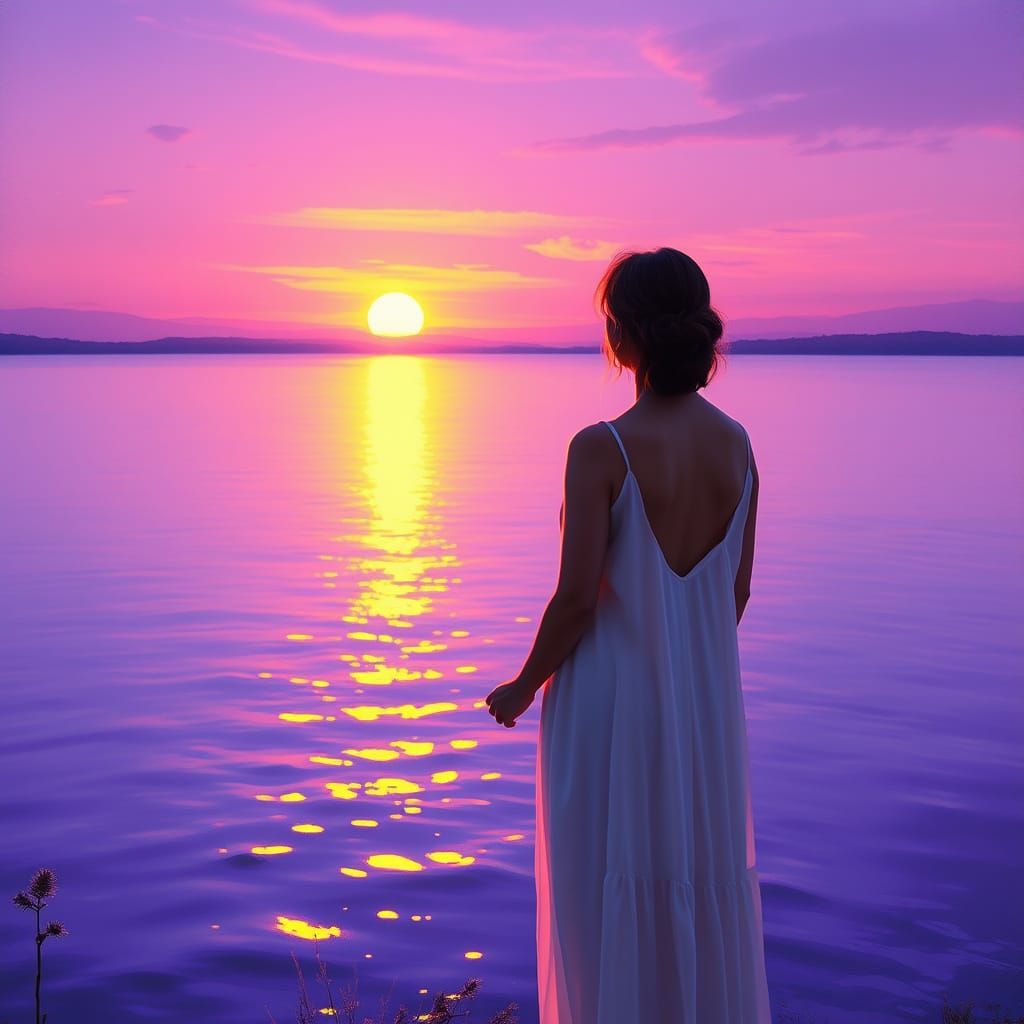 Ethereal Purple Sunset Over Tranquil Lake