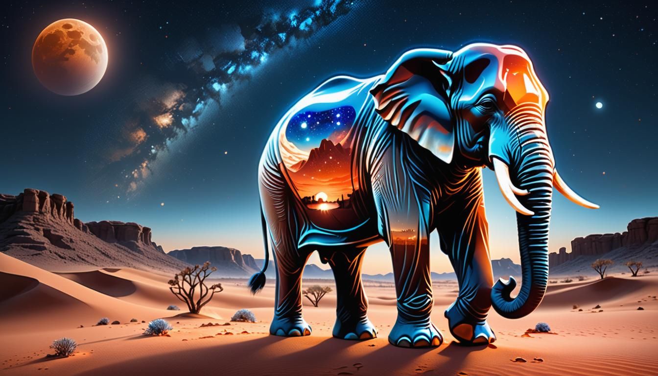 Crystal Elephant in Moonlit Desert: Fantasy Art
