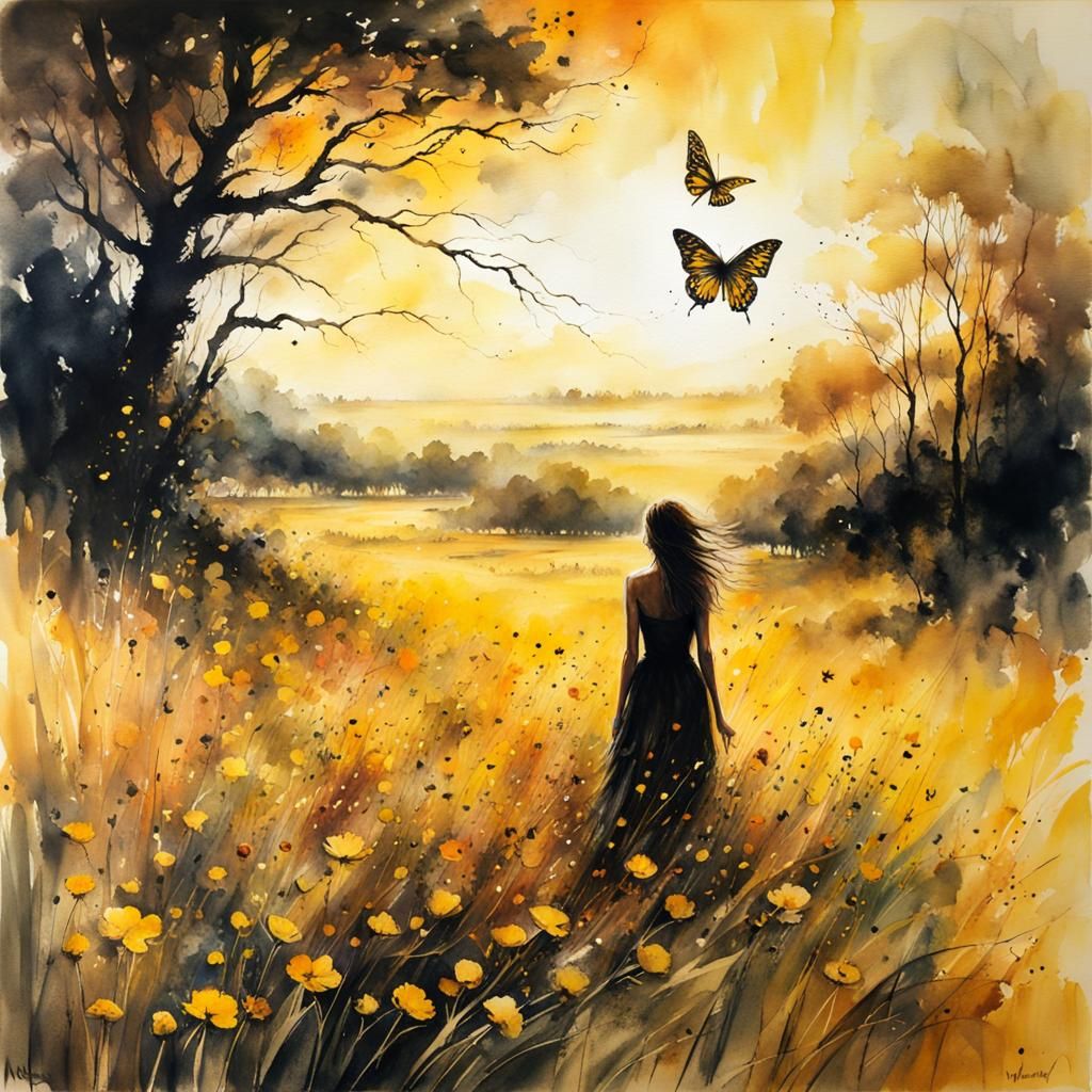Golden Summer Field with Butterfly Silhouette