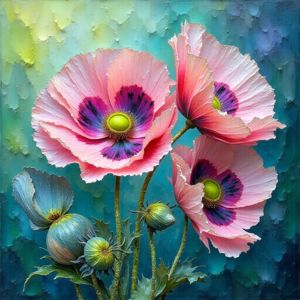 Poppy Flowers Close-Up in Impasto Oil Painting Style