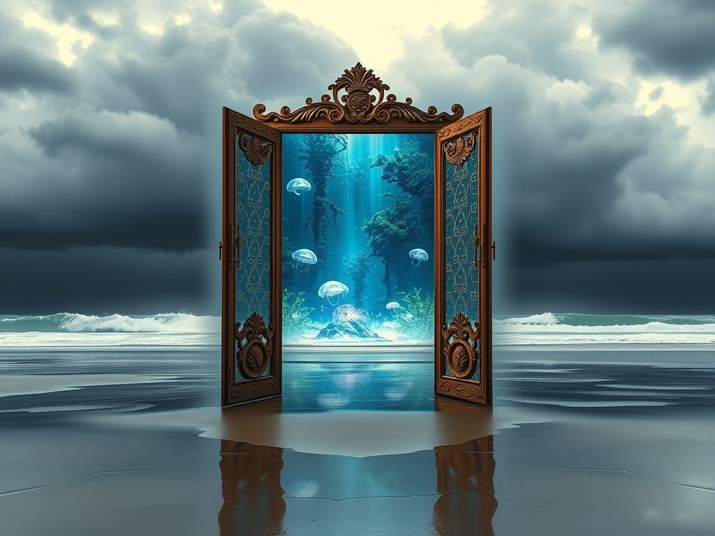 Alien Jungle Portal on a Beach, Hyperrealistic