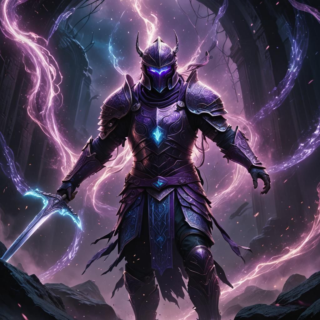 Warrior Emerges from Void with Glowing Armor