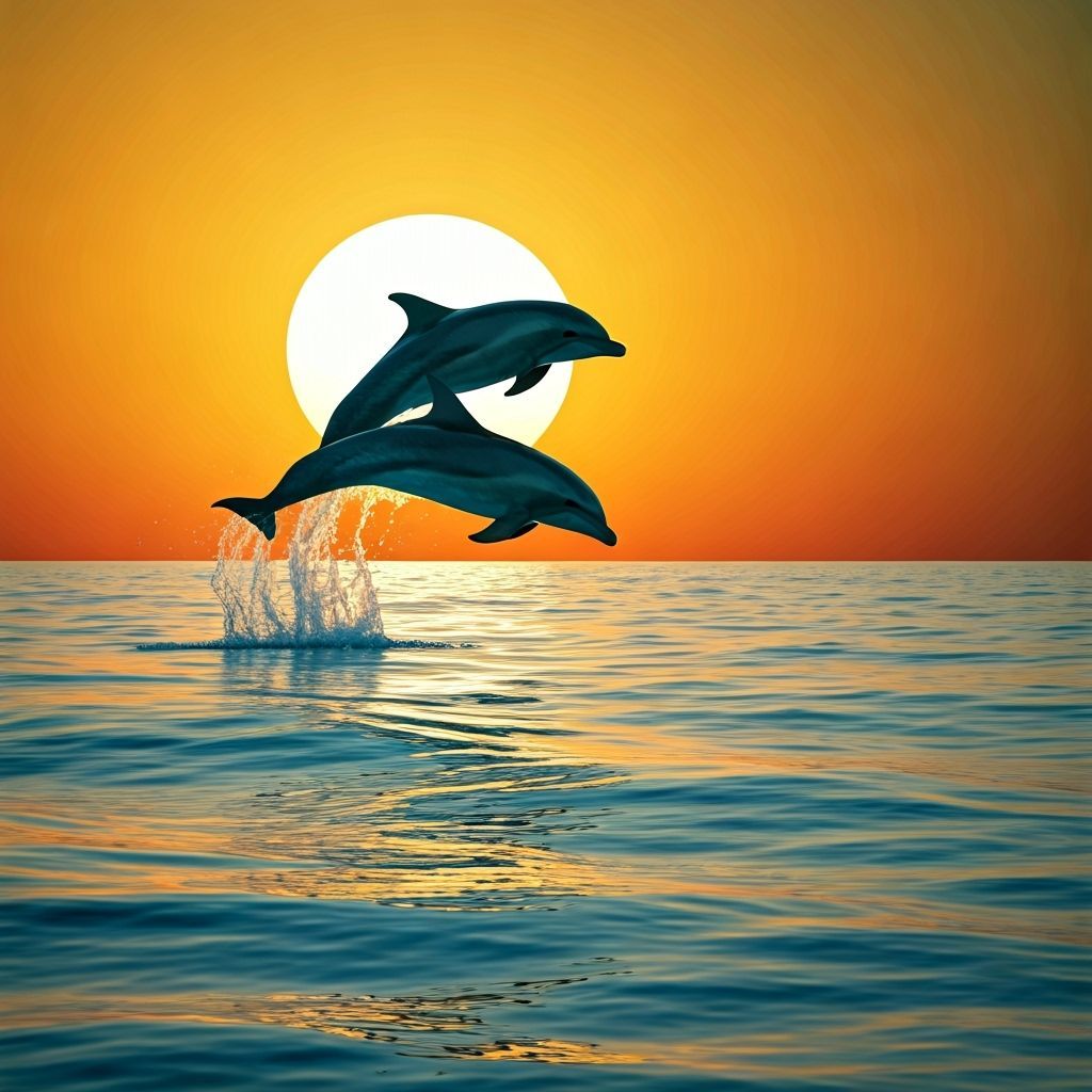 Dolphins Leap at Sunset in Photorealistic Style