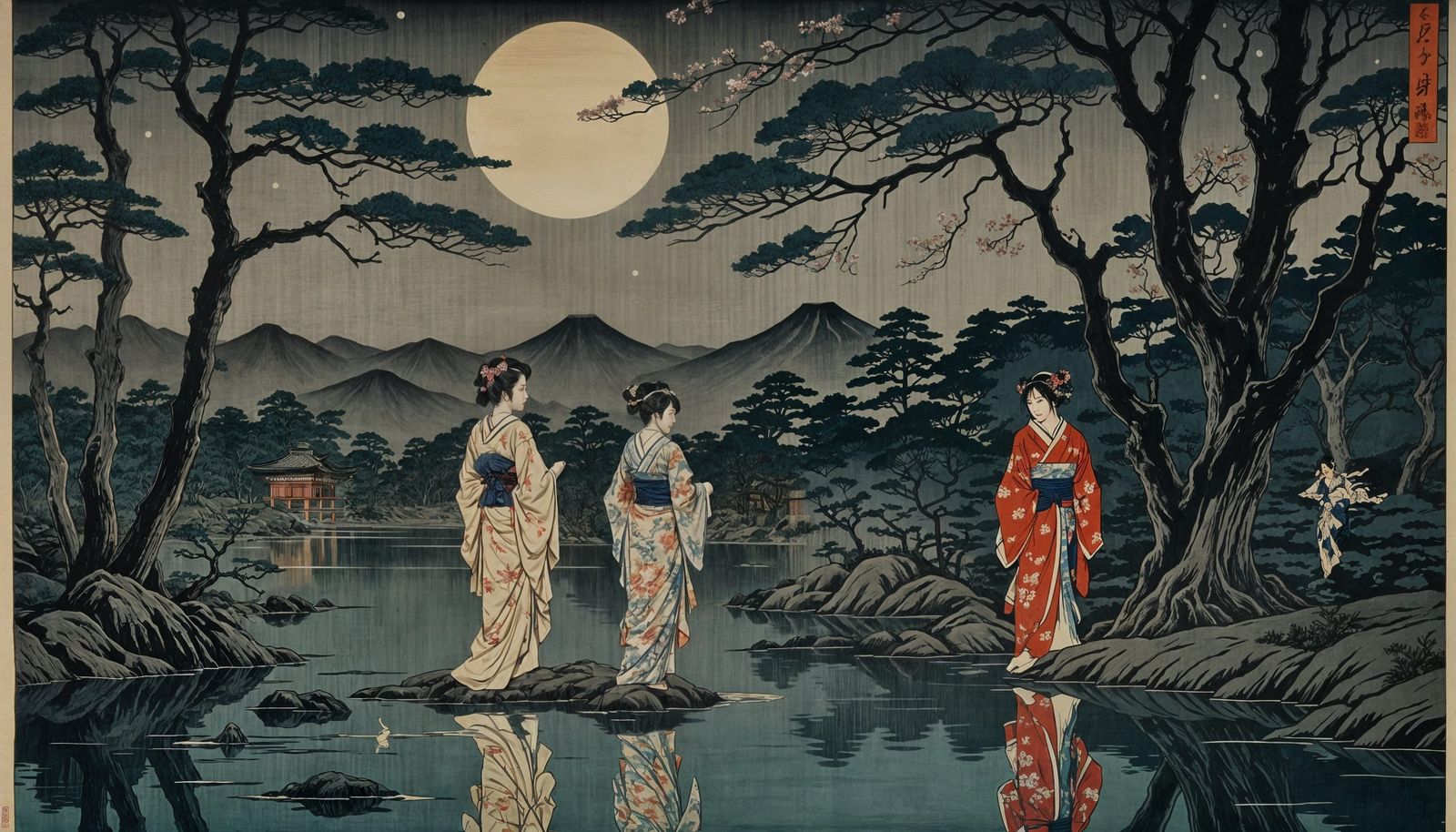 Serene Maidens at Moonlit Lake in Ukiyo-e Style