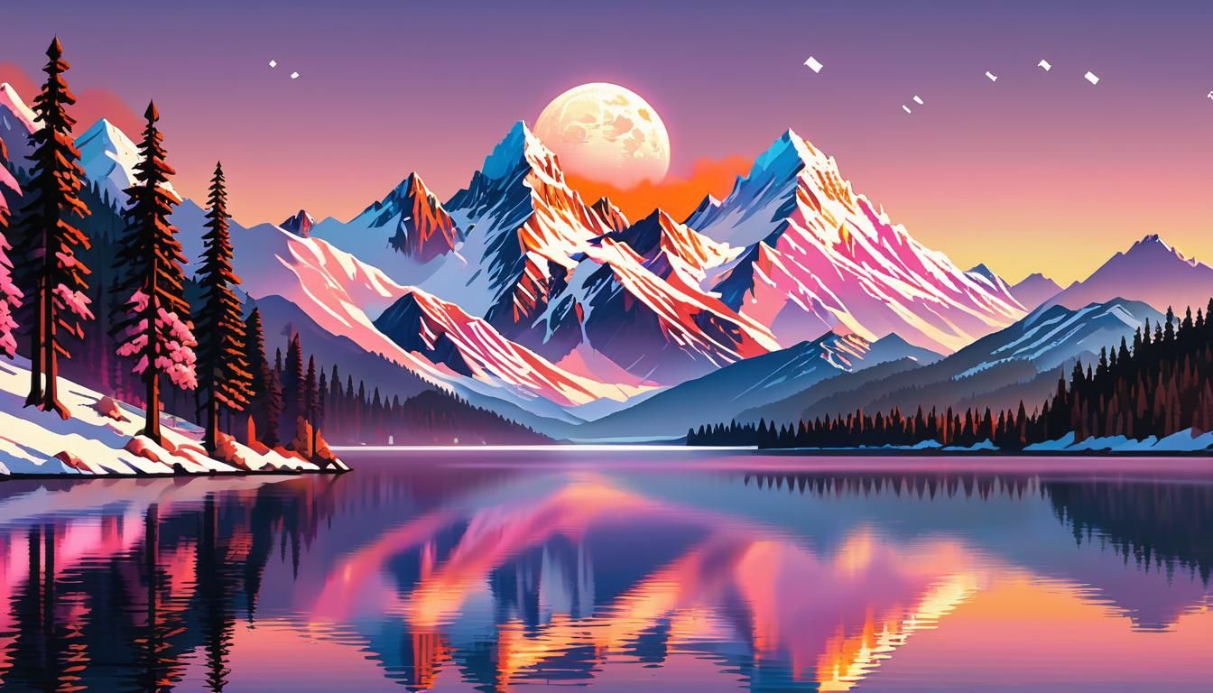 Pixel art landscape with snowcapped mountains