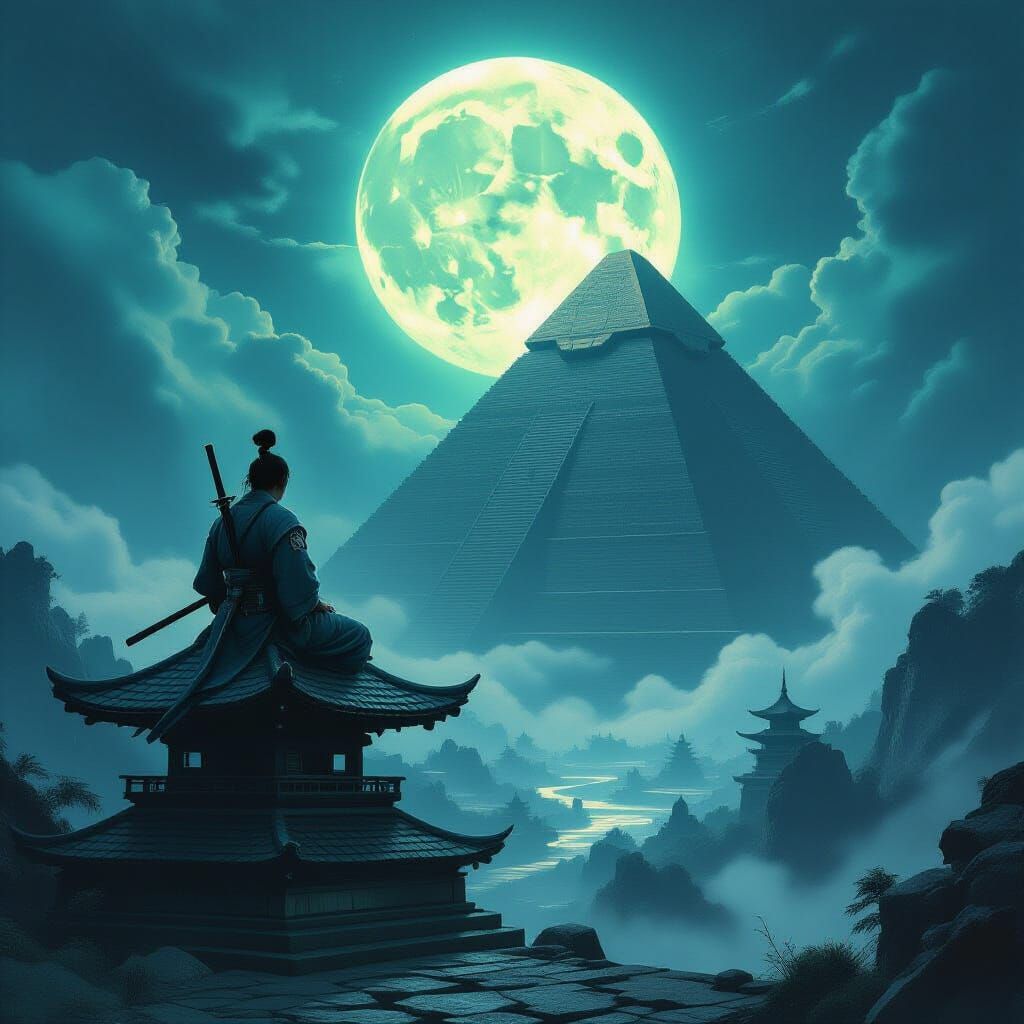 A lone ninja warrior perched atop a pagoda in ancient Japan,...