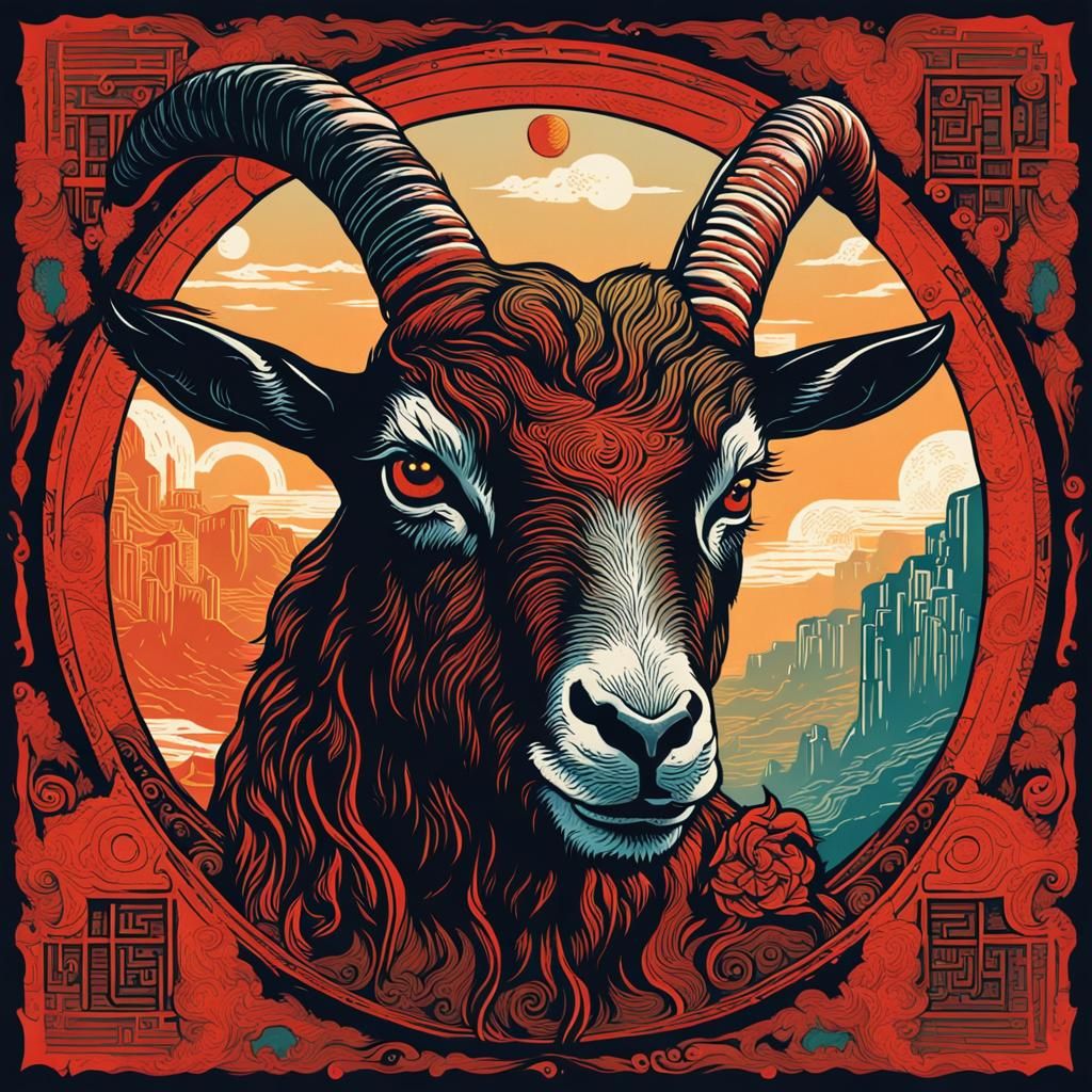 Horned Goat Self-Portraits: Linocut Style Digital Art