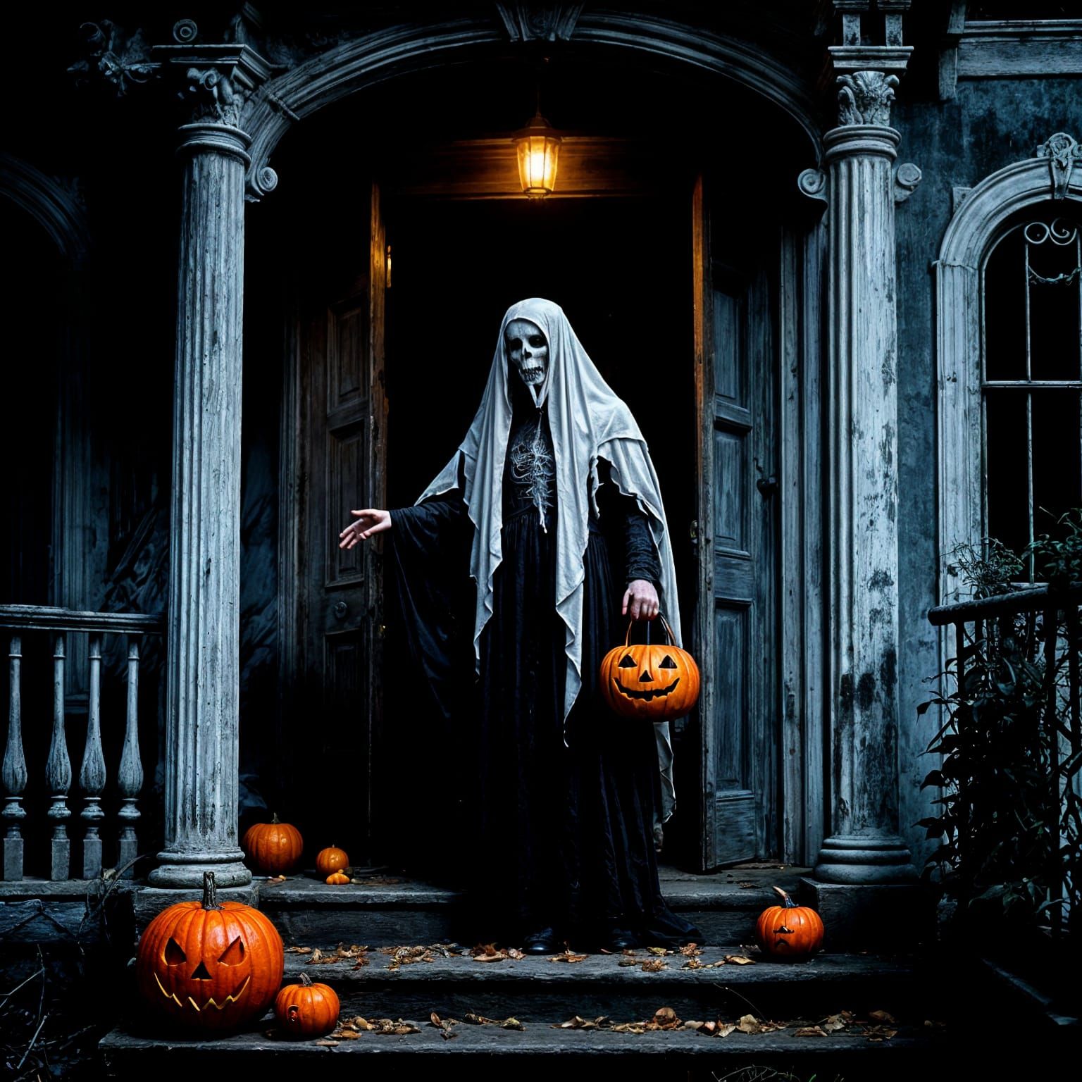 Ethereal Ghost Offers Candy on Halloween Night