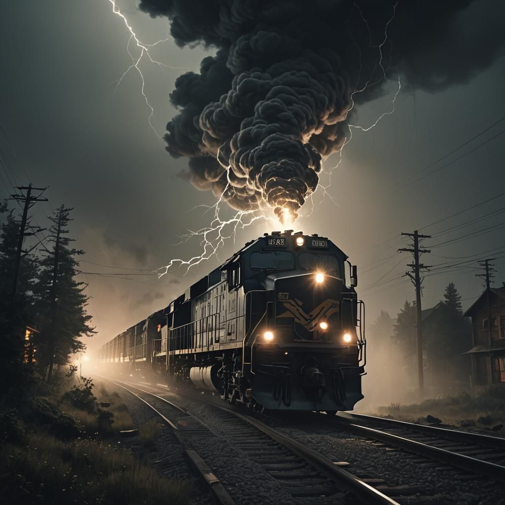 Freight Train Rumbles Through Lightning Storm