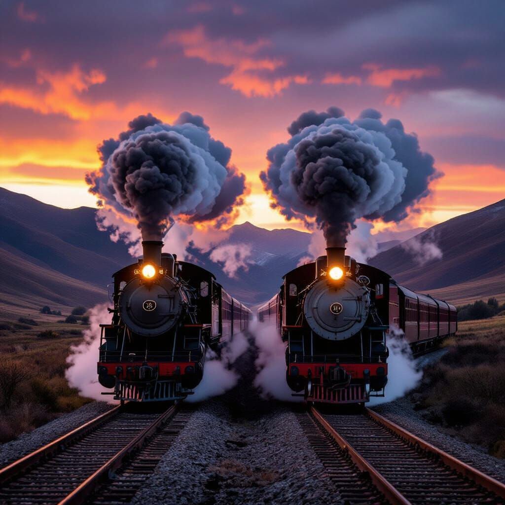 Two Steam Trains in Dramatic Sunset Landscape