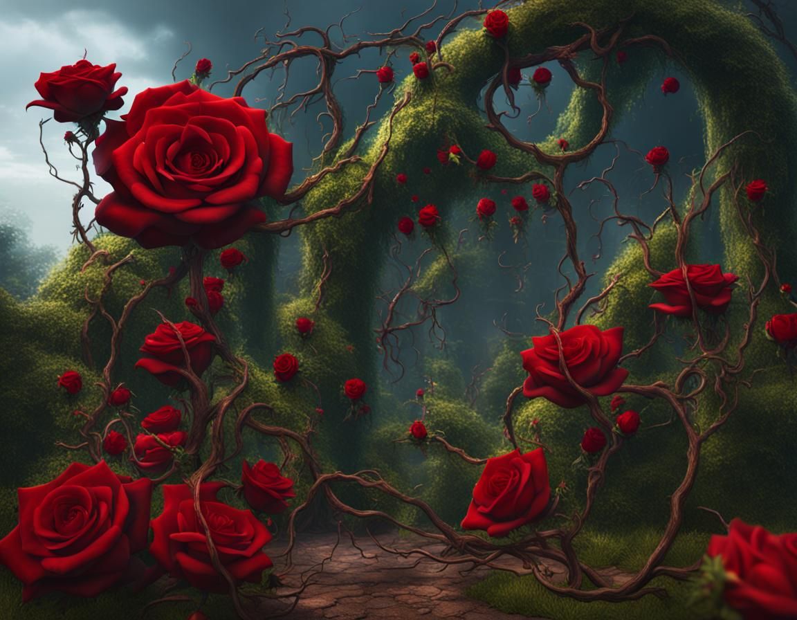 Thorn Vines and Red Roses in Detailed Matte Painting